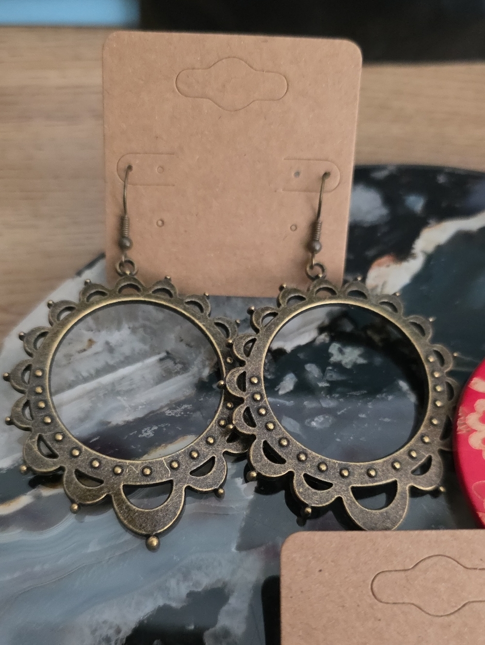 Boho Mixed Earrings Set - Red Floral Wood & Antique Brass - Picture 2 of 4